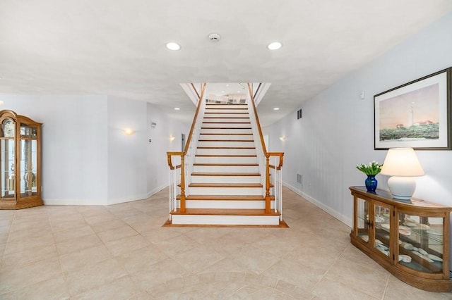 3 Longview Ter, Gloucester, MA 01930 - stairway with recessed lighting, tile patterned floors, and baseboards