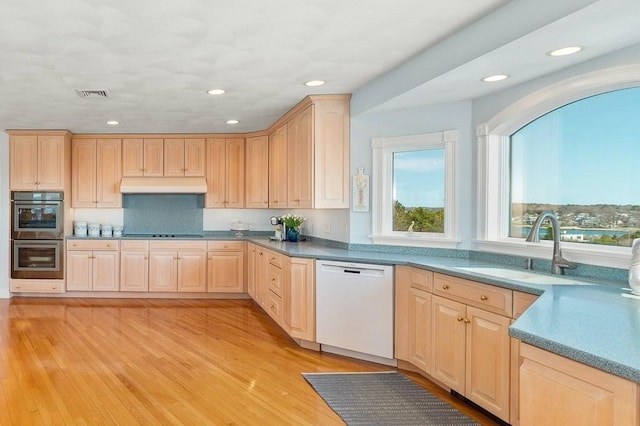 3 Longview Ter, Gloucester, MA 01930 - kitchen with dishwasher, light brown cabinets, under cabinet range hood, a sink, and recessed lighting