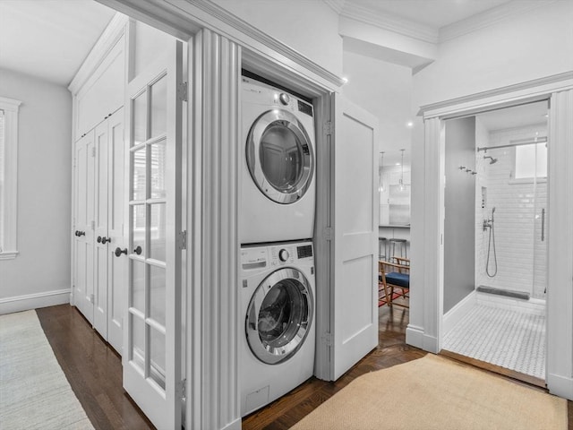 9 Sedgwick St Unit 1, Boston, MA 02130 - laundry room with stacked washer / drying machine and ornamental molding