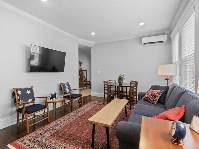 9 Sedgwick St Unit 1, Boston, MA 02130 - living room featuring a wall mounted AC, crown molding, recessed lighting, and wood finished floors