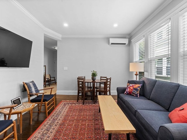 9 Sedgwick St Unit 1, Boston, MA 02130 - living area with a wall unit AC, dark wood-type flooring, crown molding, and recessed lighting