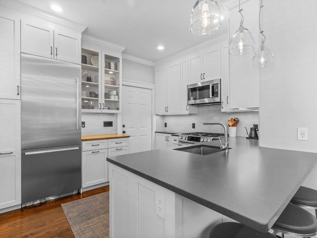 9 Sedgwick St Unit 1, Boston, MA 02130 - kitchen featuring appliances with stainless steel finishes, a peninsula, white cabinetry, ornamental molding, and recessed lighting