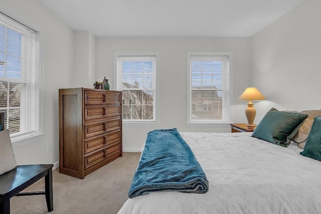 bedroom with light carpet