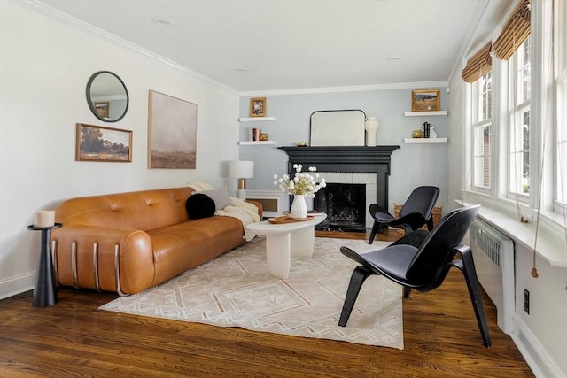 16 Hart Pl, Woburn, MA 01801 - living room with wood finished floors, a fireplace with raised hearth, and ornamental molding