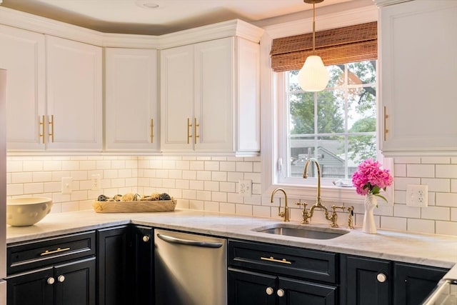 16 Hart Pl, Woburn, MA 01801 - kitchen with dishwasher, dark cabinetry, white cabinets, and pendant lighting