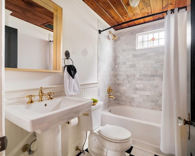 16 Hart Pl, Woburn, MA 01801 - full bath with shower / bathtub combination with curtain, wooden ceiling, and wainscoting