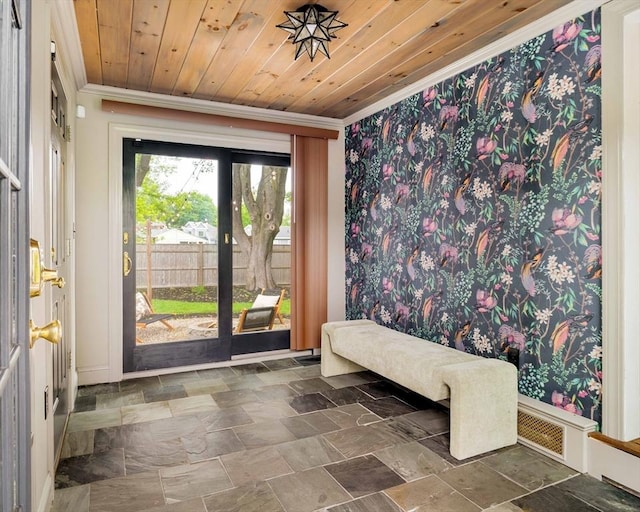 16 Hart Pl, Woburn, MA 01801 - entryway with crown molding, stone finish flooring, and wooden ceiling