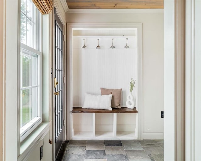 16 Hart Pl, Woburn, MA 01801 - mudroom featuring crown molding, stone tile floors, and healthy amount of natural light