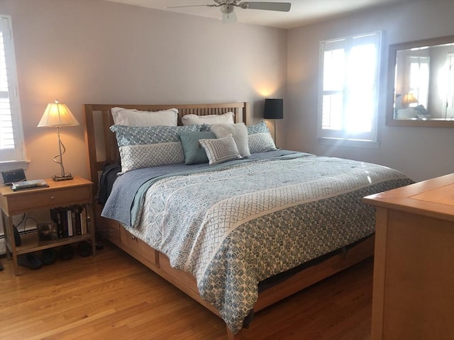 bedroom with ceiling fan and wood finished floors