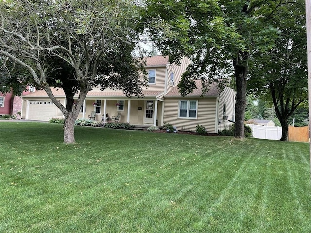 view of front of home with a garage, fence, a front lawn, and a porch