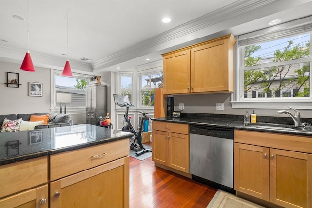 kitchen featuring stainless steel dishwasher, a sink, healthy amount of natural light, crown molding, and dark wood-style flooring