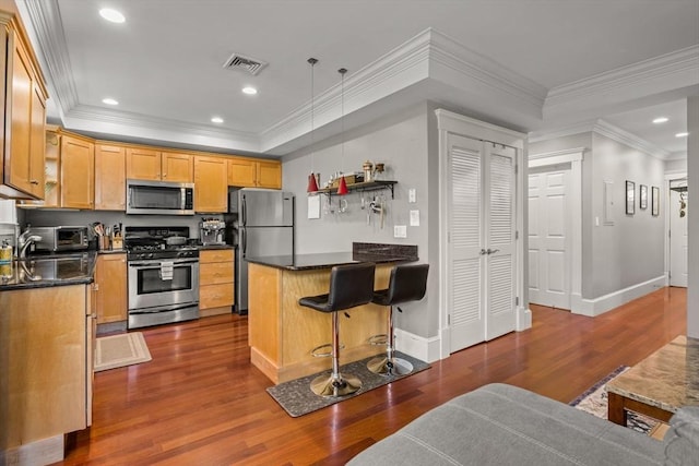 kitchen featuring stainless steel appliances, dark wood-style floors, a peninsula, baseboards, and recessed lighting
