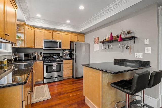 kitchen featuring stainless steel appliances, open shelves, ornamental molding, a peninsula, and dark wood finished floors
