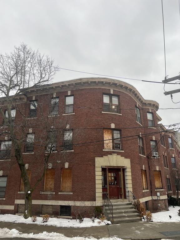 view of snow covered building