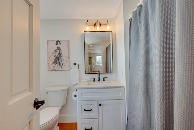 bathroom with vanity, wood-type flooring, walk in shower, and toilet