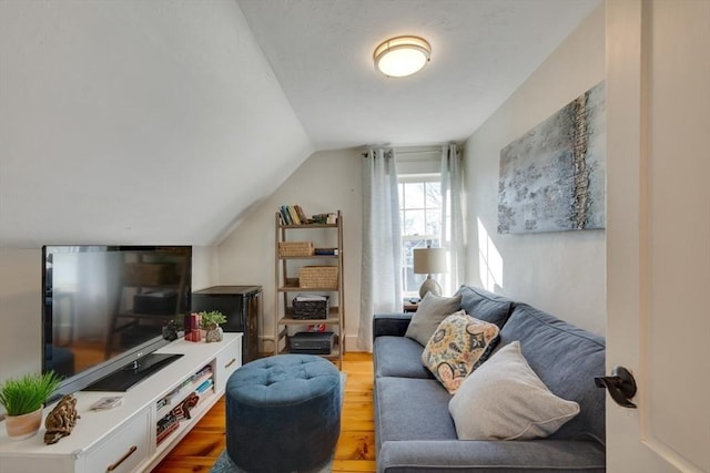 living room with hardwood / wood-style floors and vaulted ceiling