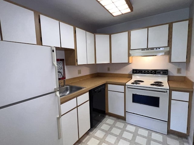 3 Bridgeview Cir Unit 55, Tyngsborough, MA 01879 - kitchen with white appliances, under cabinet range hood, light floors, and white cabinets