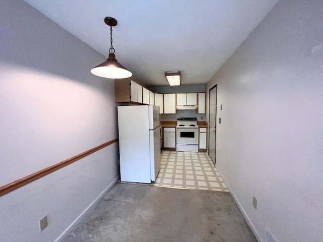 3 Bridgeview Cir Unit 55, Tyngsborough, MA 01879 - kitchen featuring white appliances, range hood, white cabinets, light floors, and pendant lighting