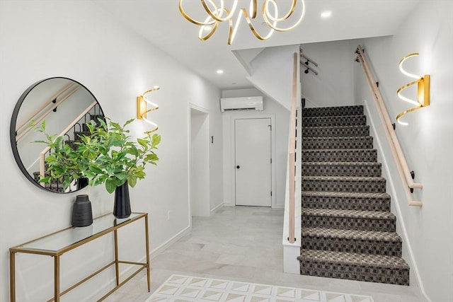 stairway featuring an inviting chandelier and a wall unit AC