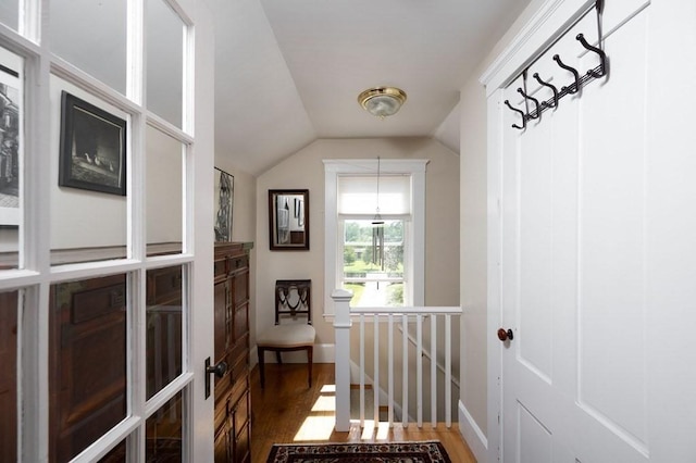 hall featuring vaulted ceiling and dark hardwood / wood-style floors