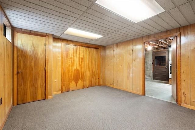 finished basement featuring wooden walls and carpet