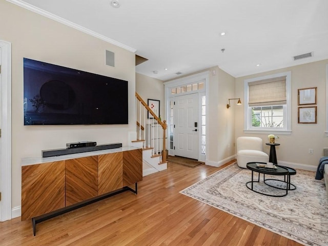 92 Warren St Unit W-1, Boston, MA 02129 - entryway with light wood-style flooring, stairway, baseboards, ornamental molding, and recessed lighting