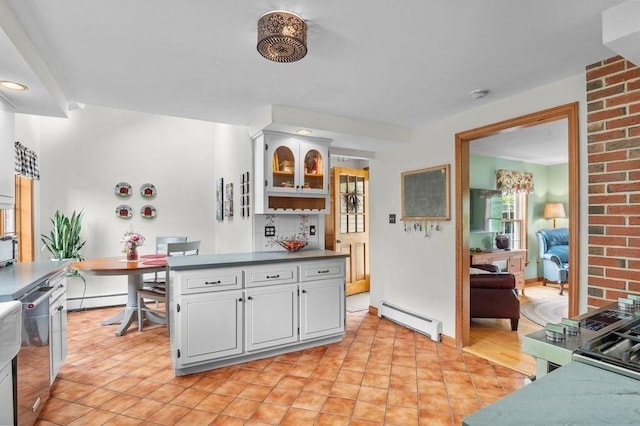 2 Dewey St, Amesbury, MA 01913 - kitchen with a baseboard heating unit, dishwasher, white cabinets, and dark countertops