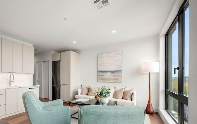 living room with sink, a wealth of natural light, and light wood-type flooring