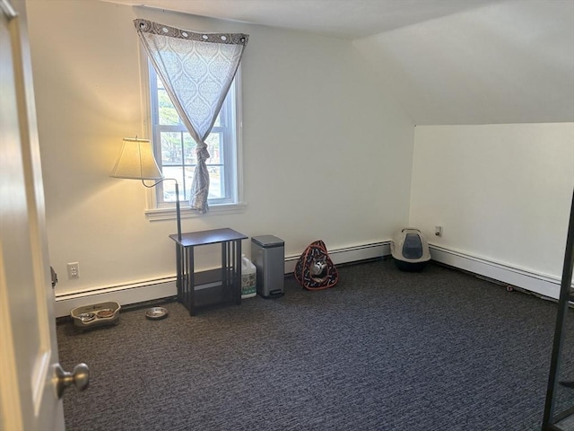 bonus room with lofted ceiling, dark carpet, and baseboard heating