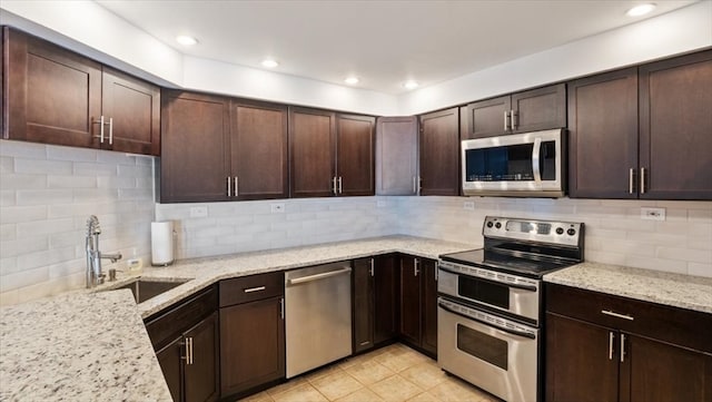 kitchen featuring sink, tasteful backsplash, dark brown cabinets, and stainless steel appliances