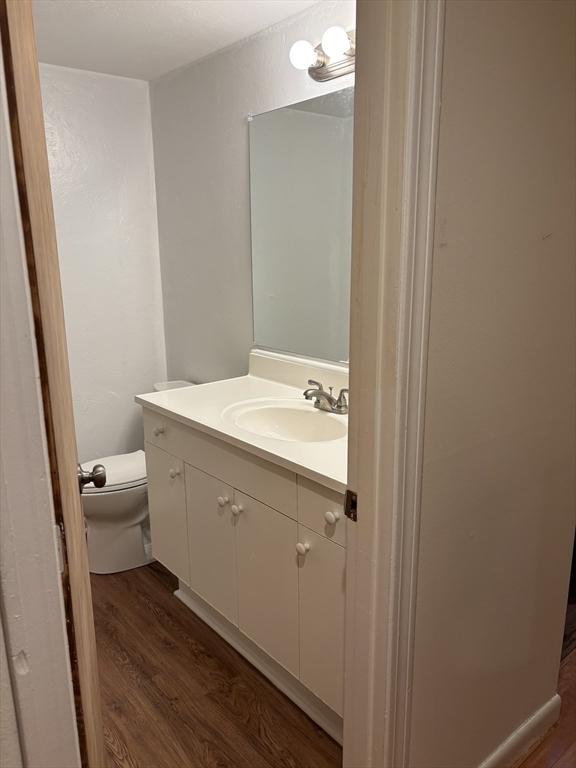 bathroom with toilet, vanity, and wood finished floors