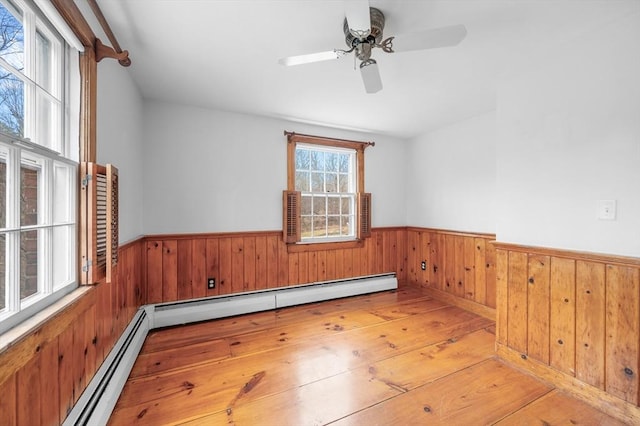 empty room with hardwood / wood-style floors, baseboard heating, and wainscoting