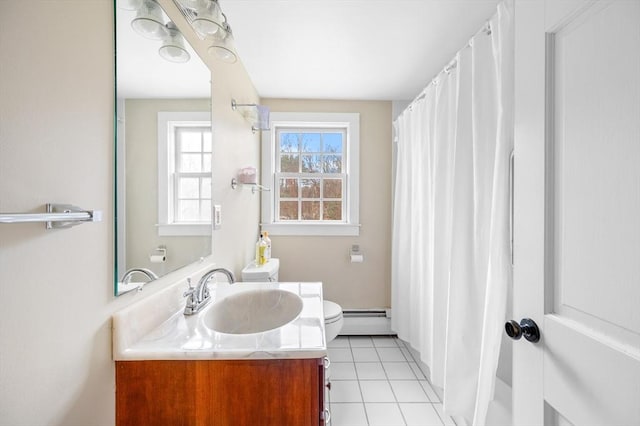 full bath featuring toilet, a baseboard radiator, tile patterned flooring, and vanity