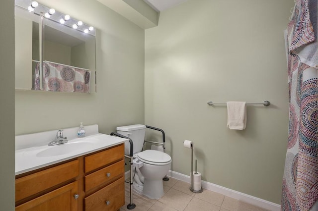 bathroom featuring toilet, tile patterned floors, a shower with shower curtain, and vanity