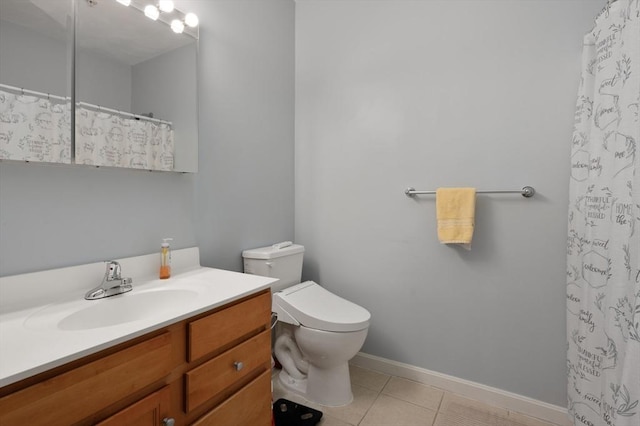 bathroom featuring vanity, toilet, walk in shower, and tile patterned floors