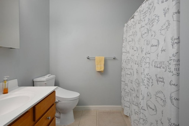 bathroom with toilet, vanity, a shower with curtain, and tile patterned flooring