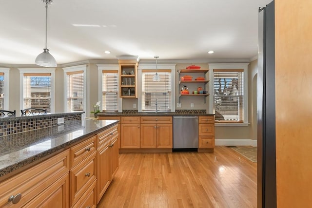 28 Fletcher St Unit 1, Boston, MA 02131 - kitchen with dishwasher, open shelves, ornamental molding, a sink, and plenty of natural light