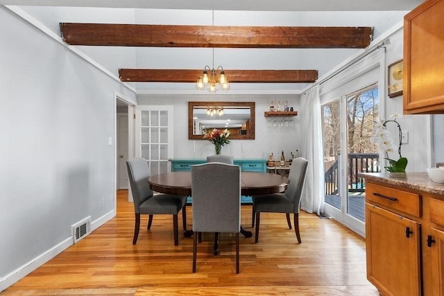 dining space with beamed ceiling, visible vents, light wood-style floors, an inviting chandelier, and baseboards