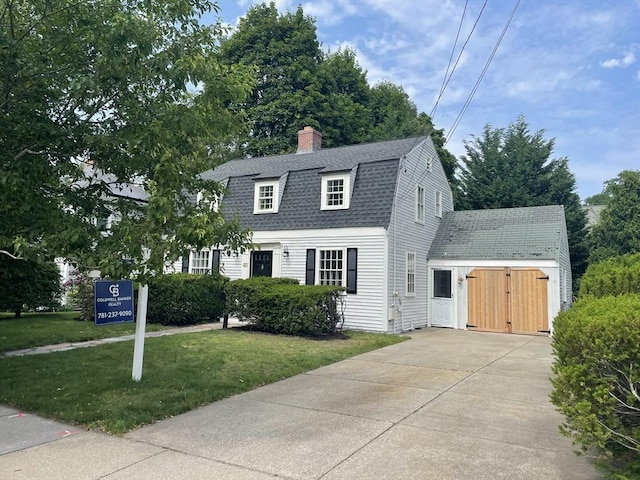 27 Fairway Dr, Newton, MA 02465 - dutch colonial featuring a gambrel roof, a chimney, a shingled roof, a front yard, and concrete driveway