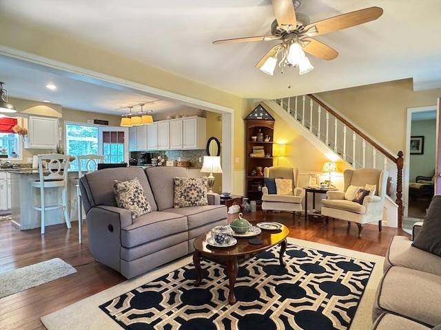 19 Orange Rd, Northfield, MA 01360 - living room featuring stairway, dark wood-type flooring, a ceiling fan, and recessed lighting