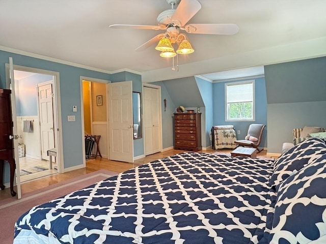 19 Orange Rd, Northfield, MA 01360 - bedroom featuring crown molding, ceiling fan, lofted ceiling, and light wood-style floors