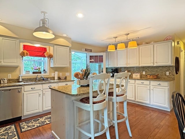 19 Orange Rd, Northfield, MA 01360 - kitchen featuring stainless steel dishwasher, plenty of natural light, wood finished floors, stone countertops, and recessed lighting