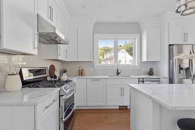 kitchen with white cabinets, decorative backsplash, stainless steel appliances, under cabinet range hood, and a sink