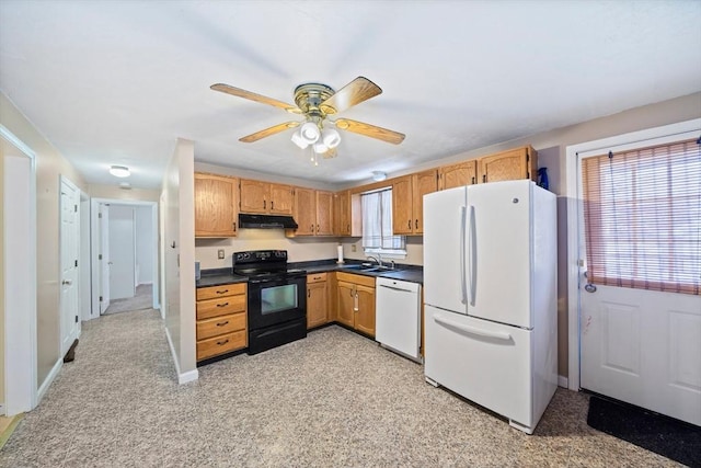 kitchen featuring sink, white appliances, and ceiling fan