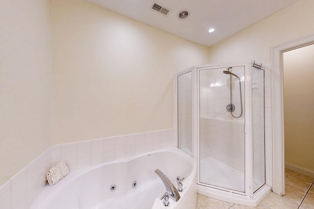 bathroom with a stall shower, visible vents, tile patterned floors, a whirlpool tub, and recessed lighting