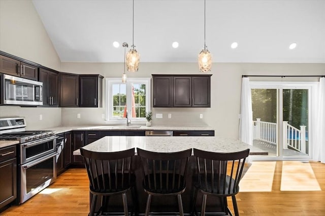 kitchen with light wood finished floors, dark brown cabinets, a kitchen bar, vaulted ceiling, and stainless steel appliances