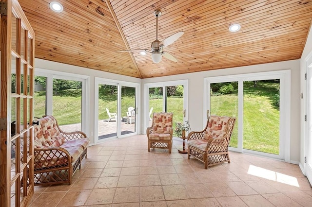 14 Nourse St, Westborough, MA 01581 - sunroom / solarium with wooden ceiling, vaulted ceiling, ceiling fan, recessed lighting, and stone tile flooring