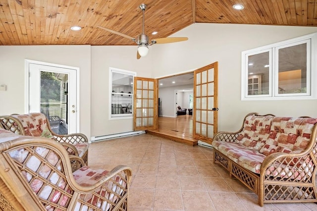 14 Nourse St, Westborough, MA 01581 - living area with lofted ceiling, a baseboard radiator, wood ceiling, ceiling fan, and recessed lighting