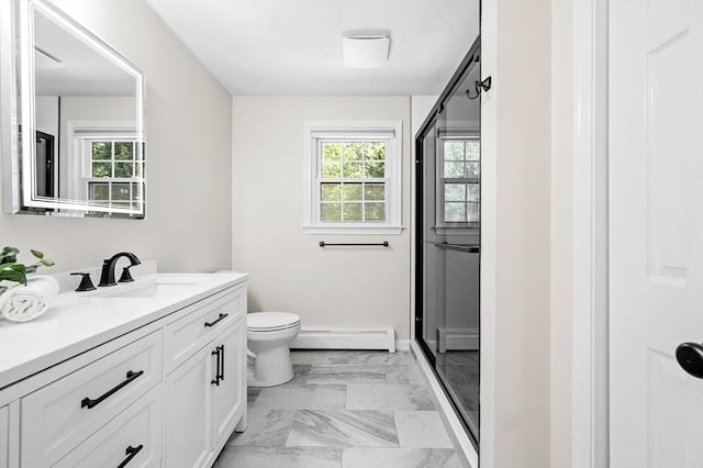 14 Nourse St, Westborough, MA 01581 - full bath featuring a baseboard radiator, vanity, marble look tiles, and healthy amount of natural light