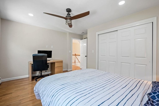 14 Nourse St, Westborough, MA 01581 - bedroom featuring light wood-style flooring, a closet, recessed lighting, a ceiling fan, and an office area